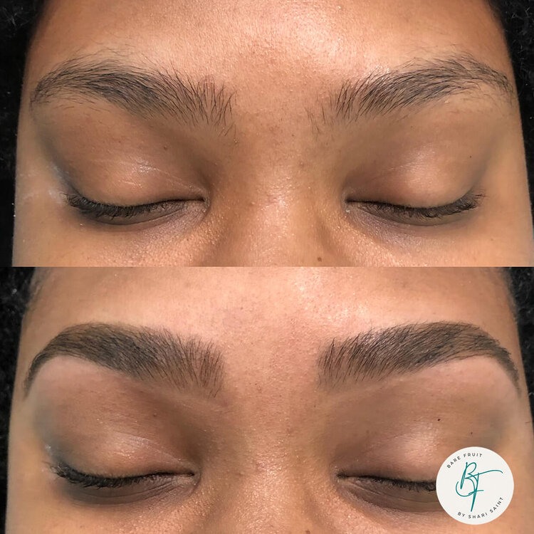 Before and after of a young black woman's Brow Design and Tint by bare fruit sugaring