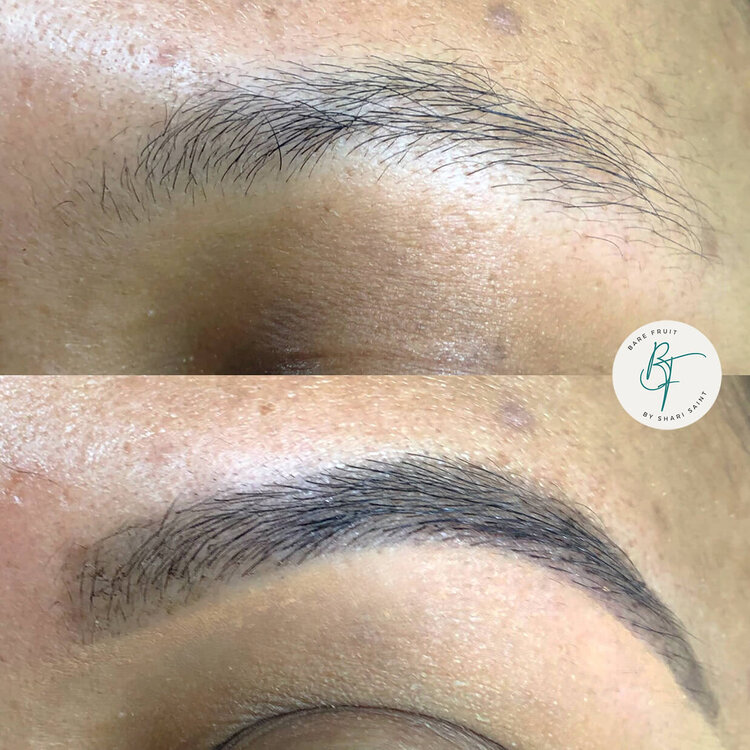 Close up of before and after of a young black woman's Brow Design and Tint by bare fruit sugaring
