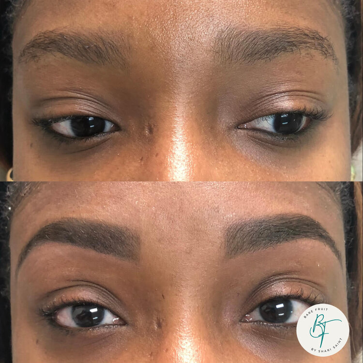 Beautiful black young woman before and after featuring Bare Fruit services for Eyebrow Design, Tint, Henna Brows , and Lamination