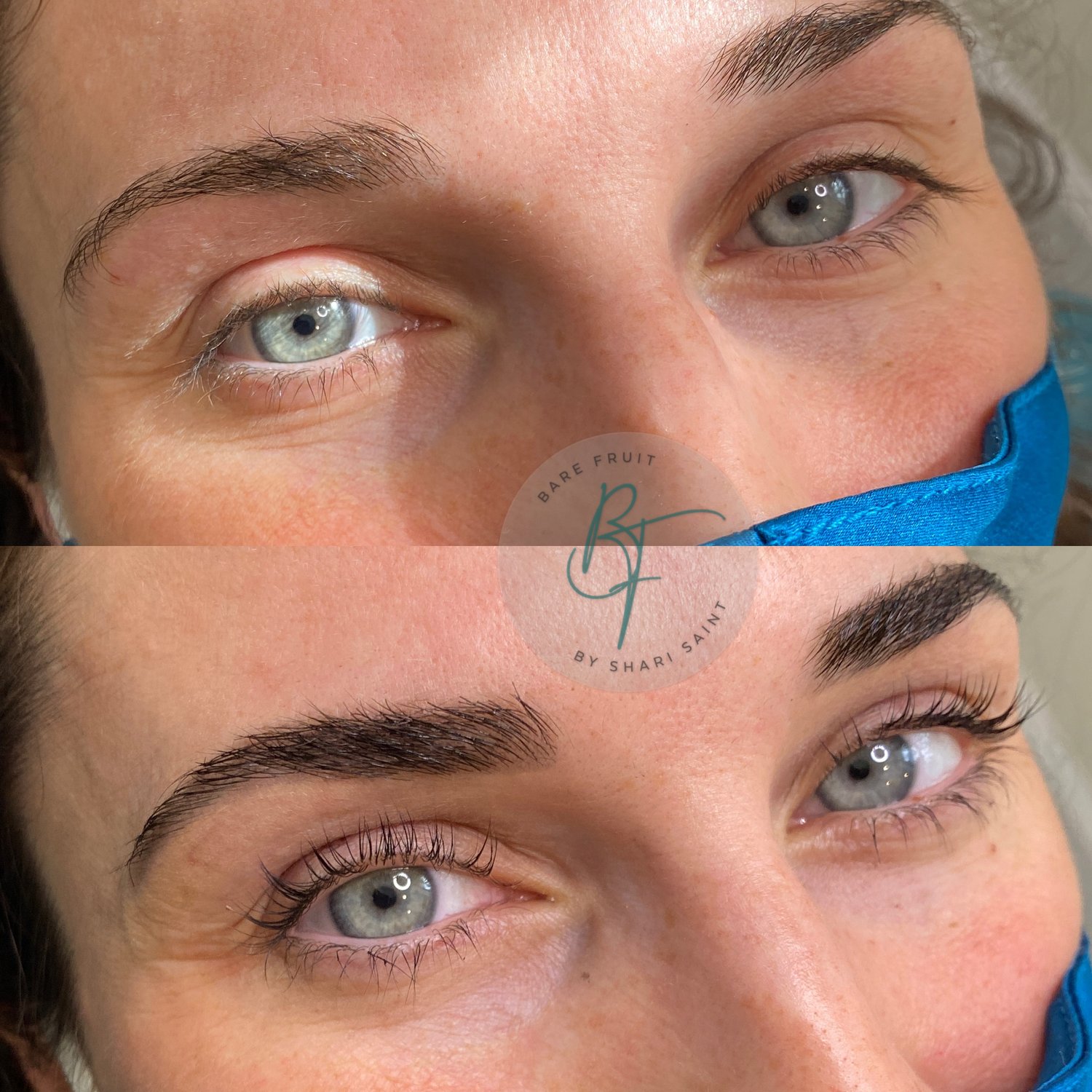 Blue eyes pretty young woman before and after showing LIFTS & TINTS YOUR LASHES FOR GORGEOUS, ZERO MAINTENANCE, NATURAL LASHES THAT LAST and Eyebrow Design | Tint | Henna Brows | Lamination