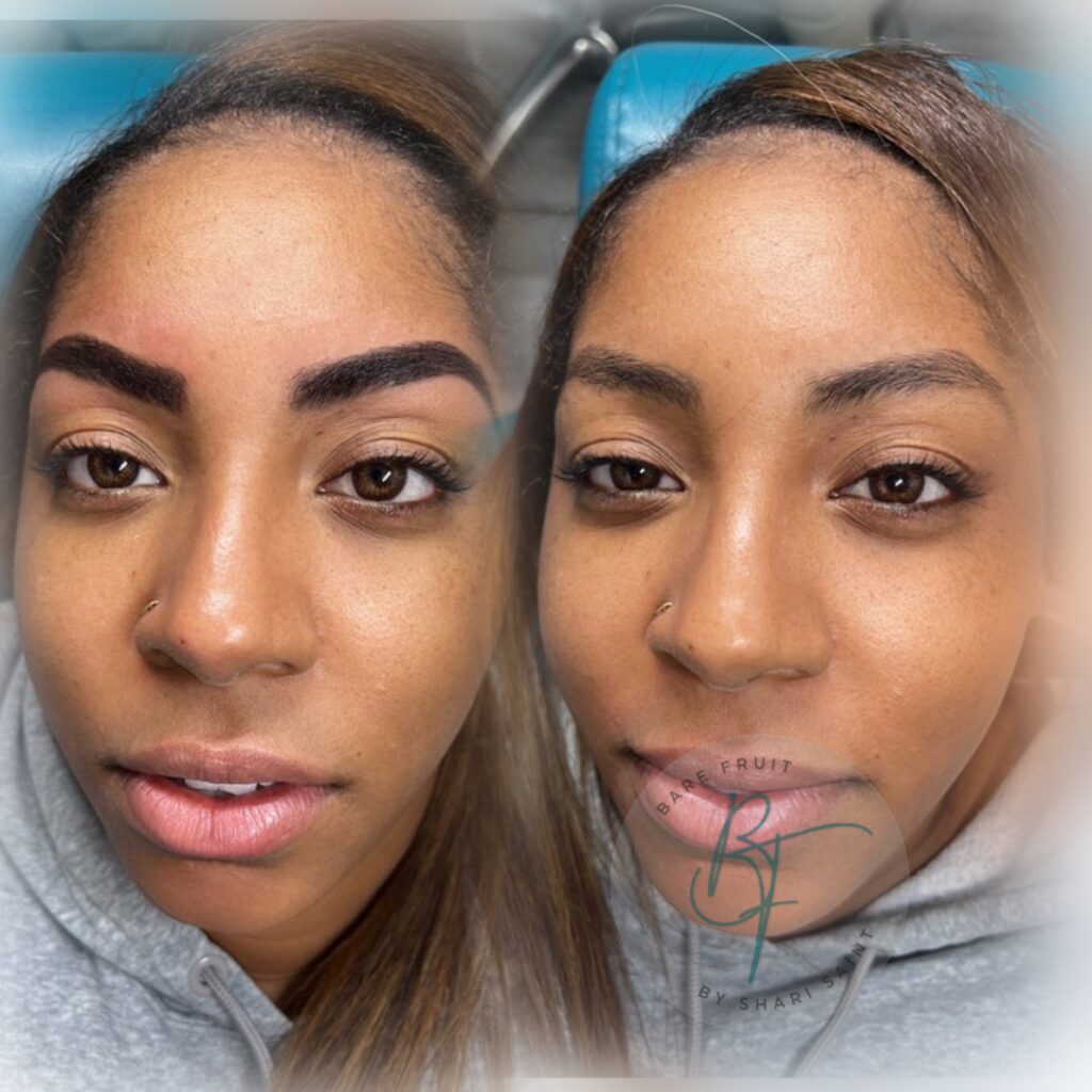 Before and after of a young black woman after her Custom Brow & Henna Design by Bare Fruit Sugaring