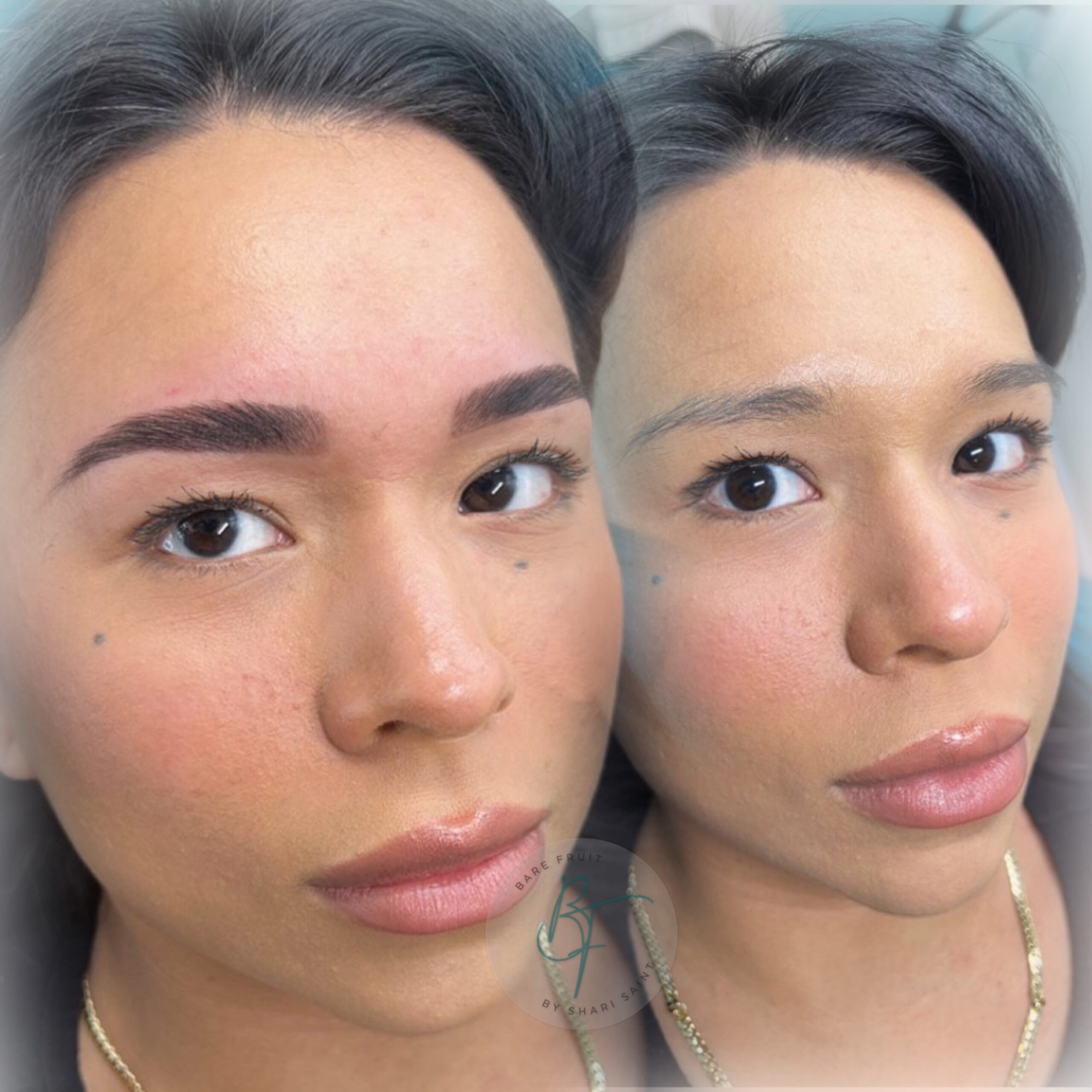 Before and after Brow Lamination of a dark eyed olive skinned brunette woman Shari Saint Brow Artist