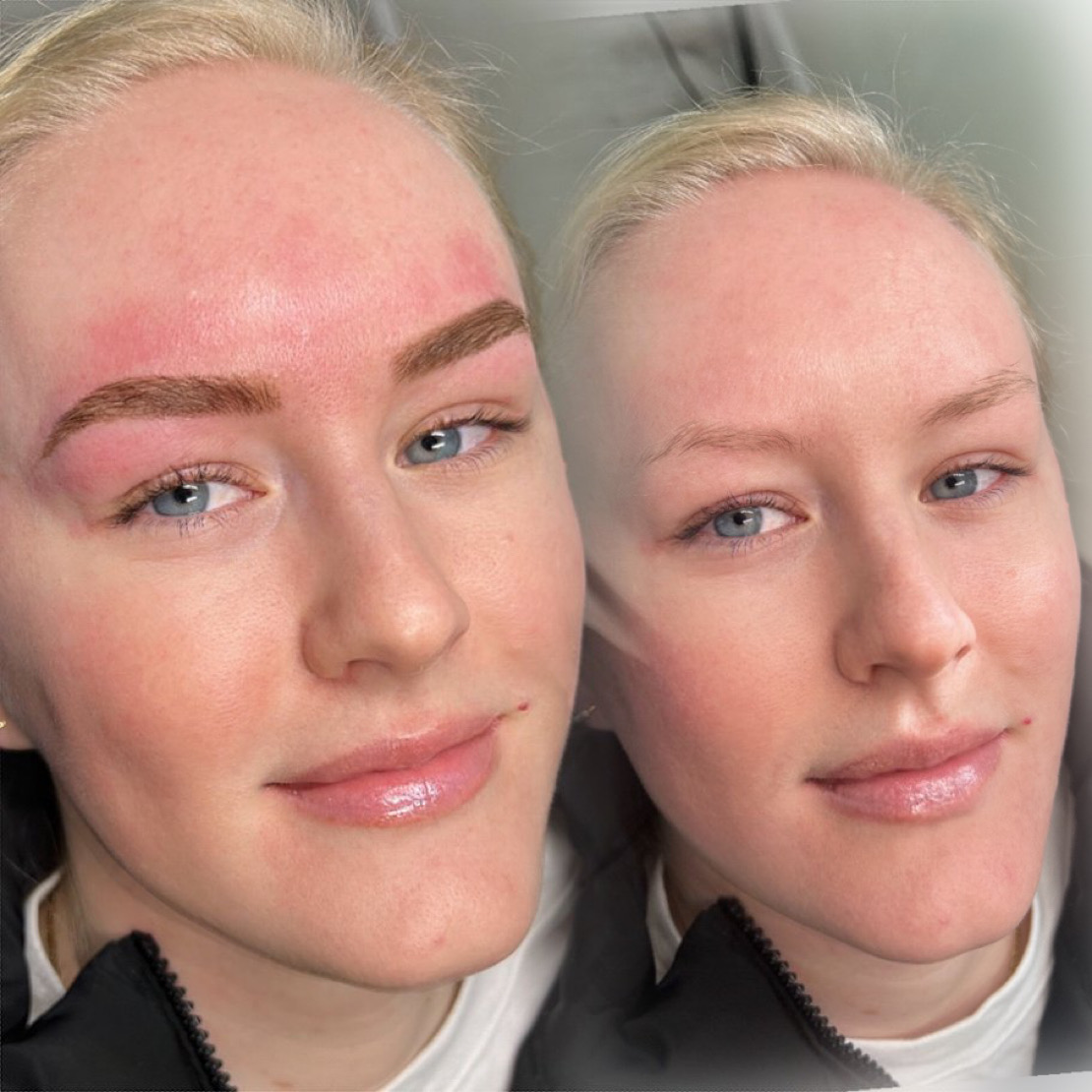 A blue eyed white light blonde before and after Custom Brow & Henna Design by Bare Fruit Sugaring