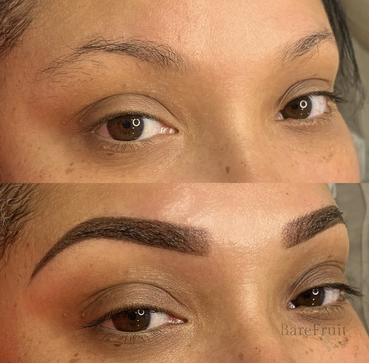 before and after of beautiful black woman after receiving her nano combination brows bare fruit sugaring and brows westbury nano brows