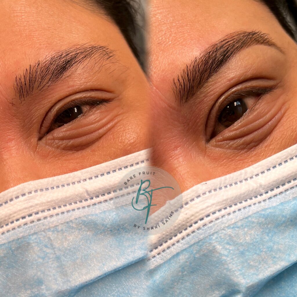 Before and after of an Asian woman in a mask showing her perfectly arched brow design and makeup from bare fruit sugaring.
