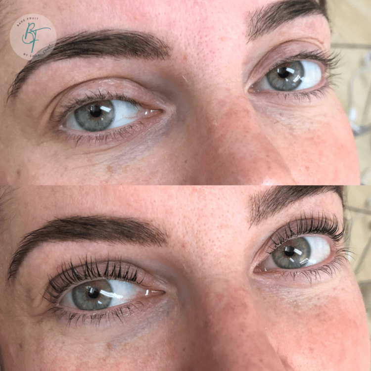 Before and after photo of a pink skinned young woman with green eyes after a Bare Fruit Lash Lift service