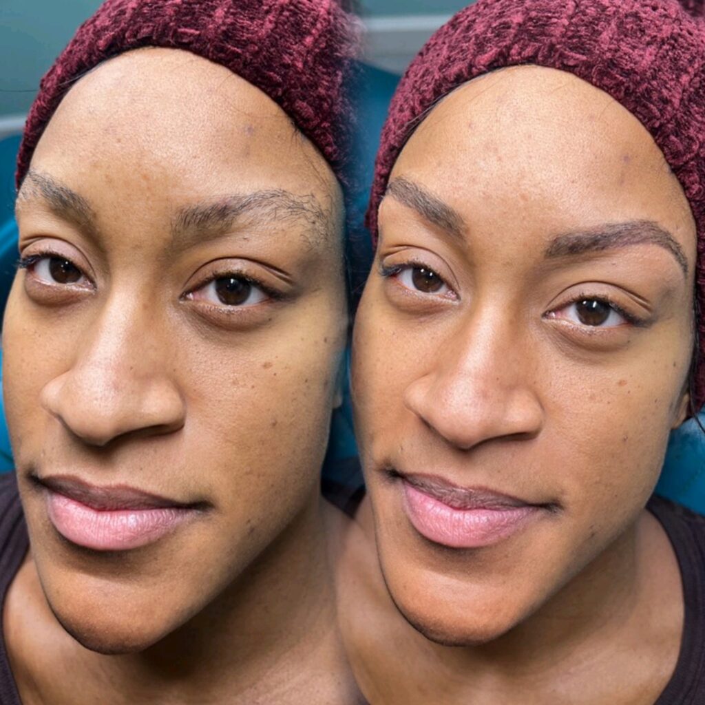 Before and after photo of young black woman showing off her Custom Brow & Henna Design and makeup by Bare Fruit Sugaring
