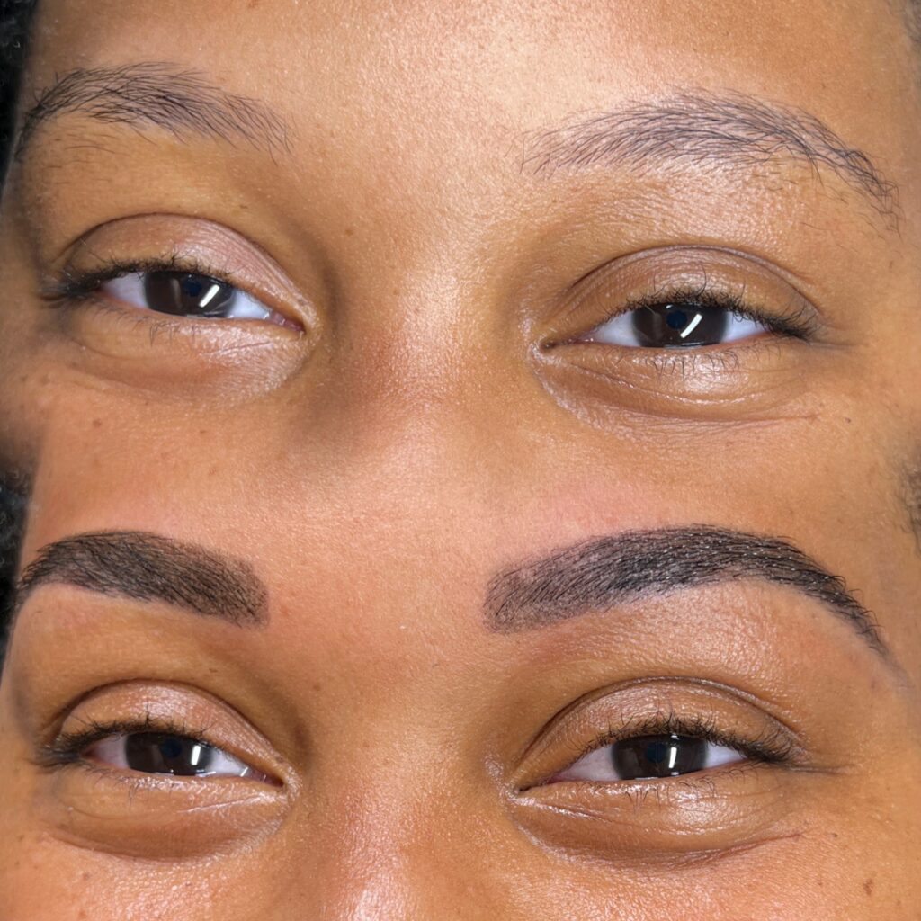 Before and after of a women who received a Custom Brow & Henna Design by Bare Fruit Sugaring