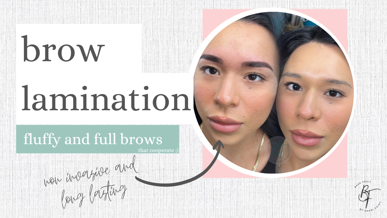 Banner for brow lamination fluffy full brows before and after photo of latina latin american women from bare fruit