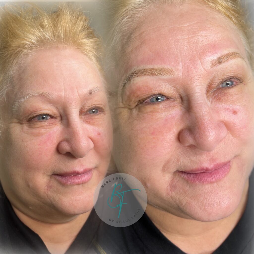 Before and after of fair skinned white woman who received Blonde nano Brows Shari Saint Bare Fruit Sugaring