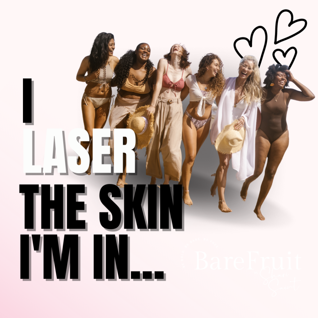 I laser the skin I'm in illustration banner with many types and colors of beautiful women in swimsuits and bikinis mostly in black and white from bare fruit sugaring