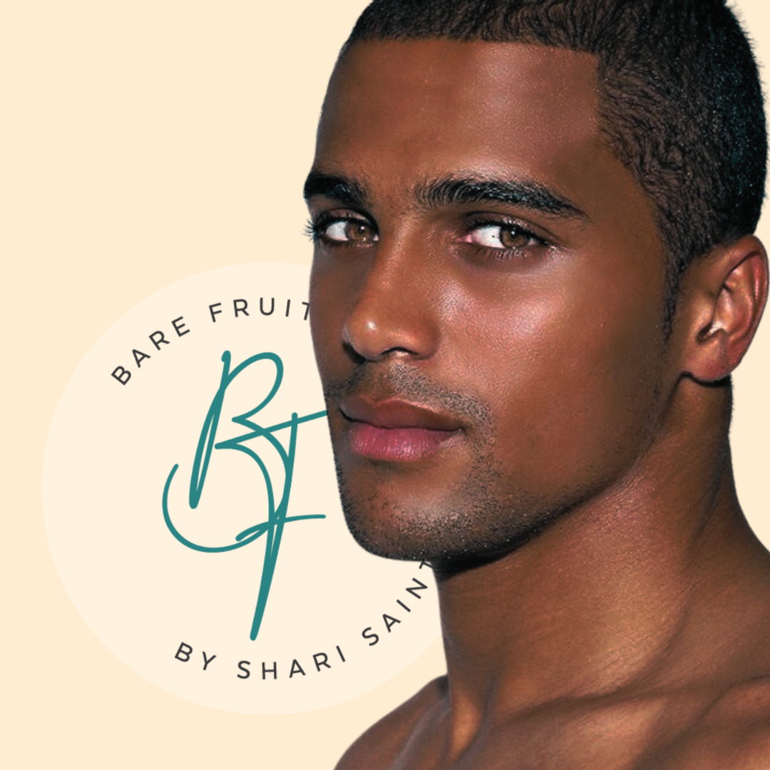 Beige Background, Handsome black man with thick eyebrows and beard stubble. the bare fruit logo is behind and to the left of the image. This is to promote Men friendly Eyebrow Services.