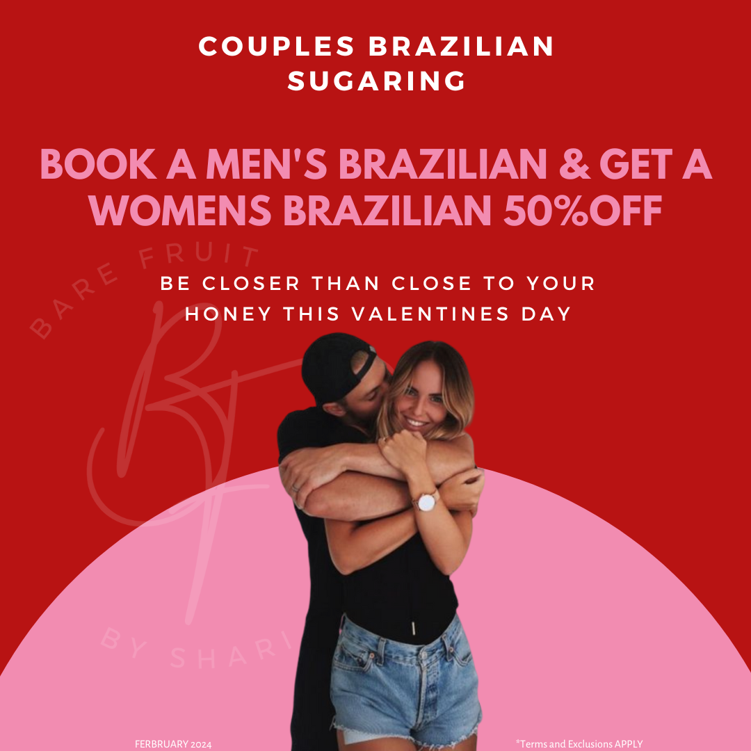 couple hugging with a red background and a bare fruit sugaring and brows logo